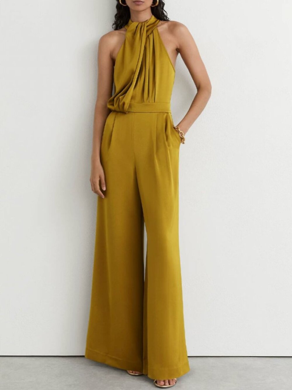 REISS Finley Satin Jumpsuit Chartreuse Green Draped Wide-Leg